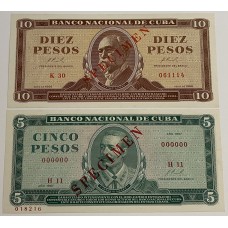 CUBA 1966-1967 . FIVE 5 and TEN 10  PESOS BANKNOTES . SPECIMEN